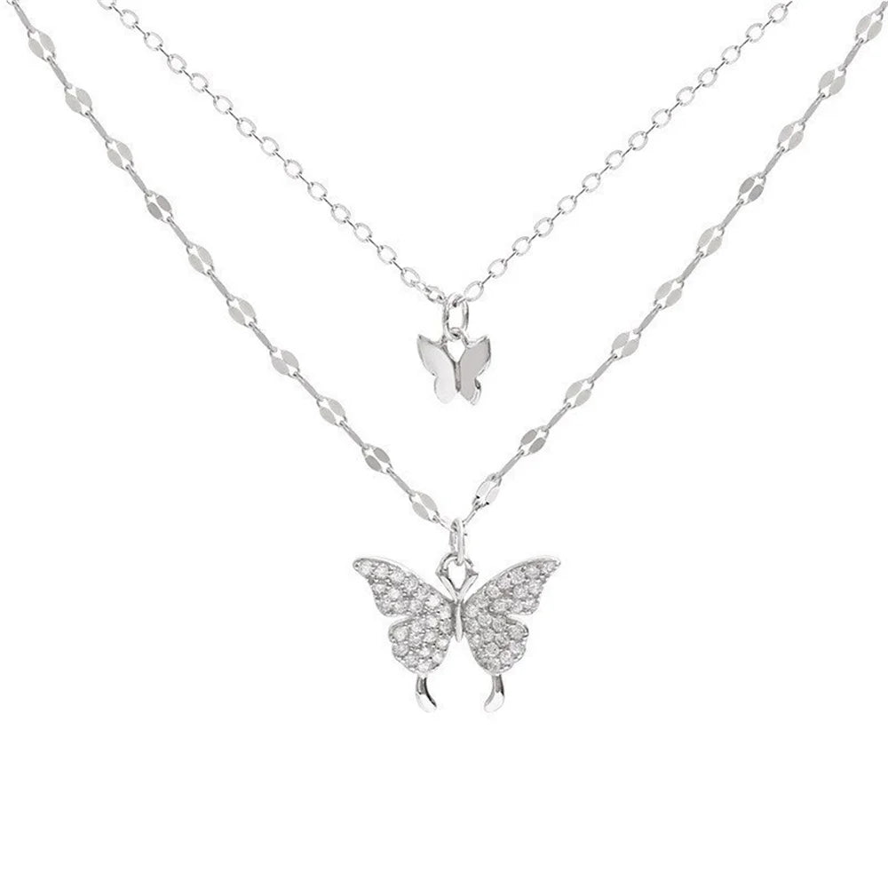 Nuevo collar de mariposa brillante para mujer, exquisito collar de cadena de clavícula de doble capa, joyería para regalo de mujer