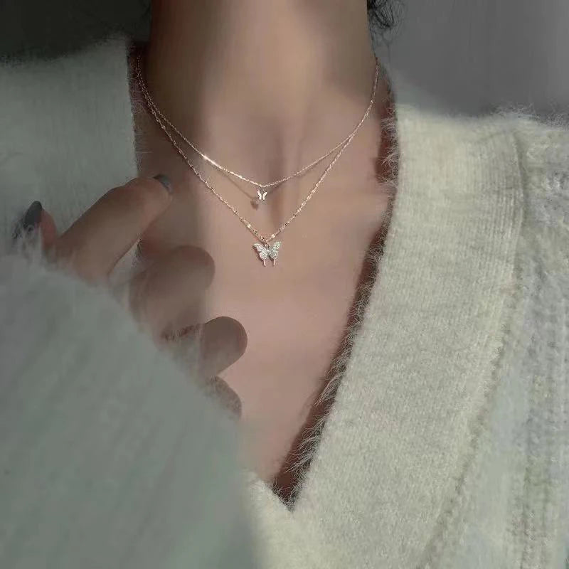 Nuevo collar de mariposa brillante para mujer, exquisito collar de cadena de clavícula de doble capa, joyería para regalo de mujer