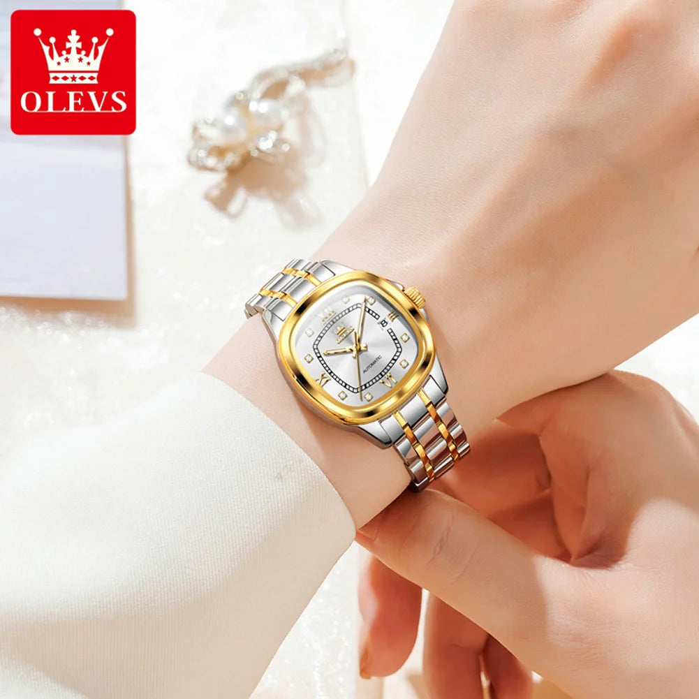 OLEVS 9810 reloj mecánico automático para mujer, reloj de pulsera de lujo con escala de diamante para mujer, relojes impermeables de acero inoxidable para mujer