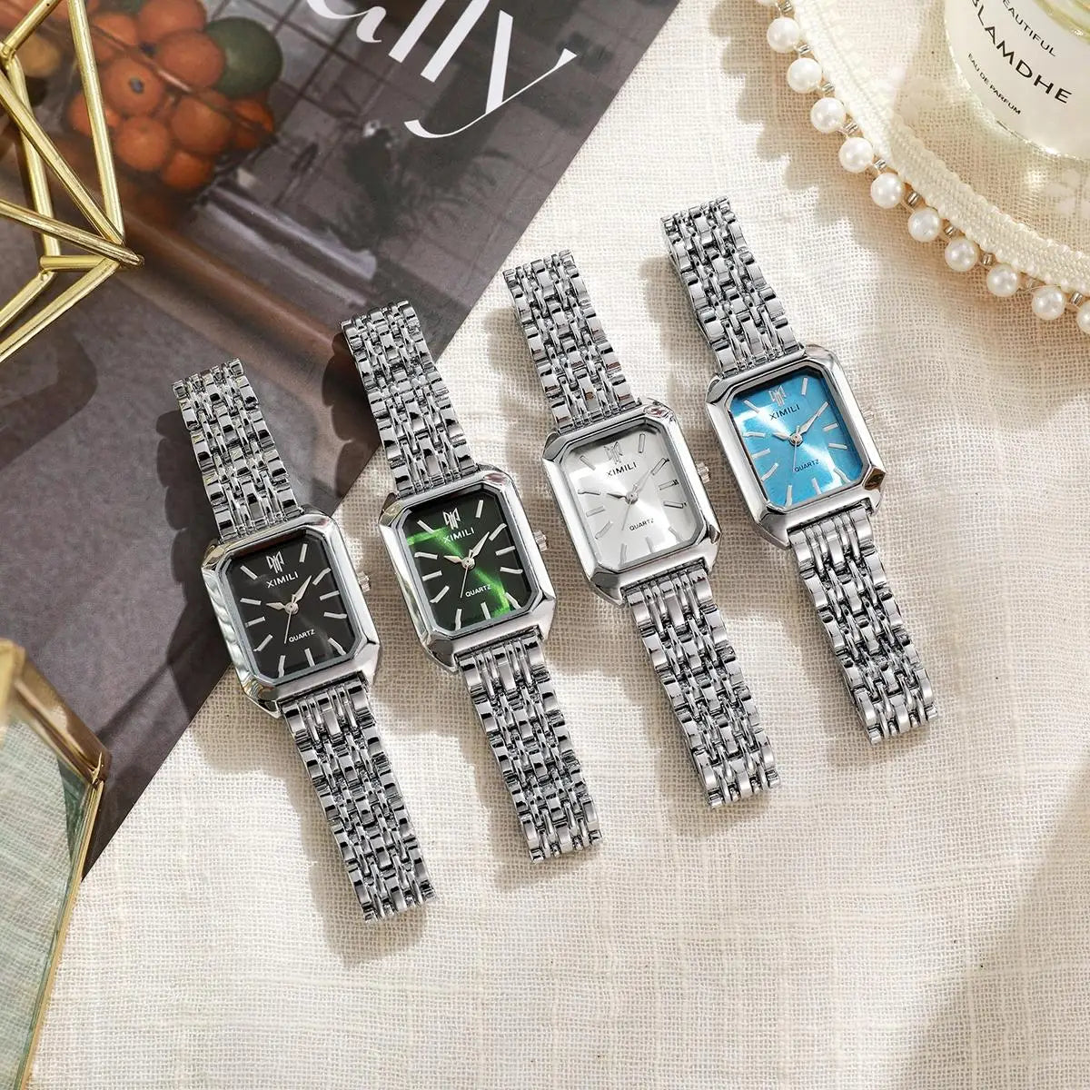 Reloj clásico de moda con pulsera de cinco cuentas, reloj cuadrado de moda para mujer, esencial de diosa