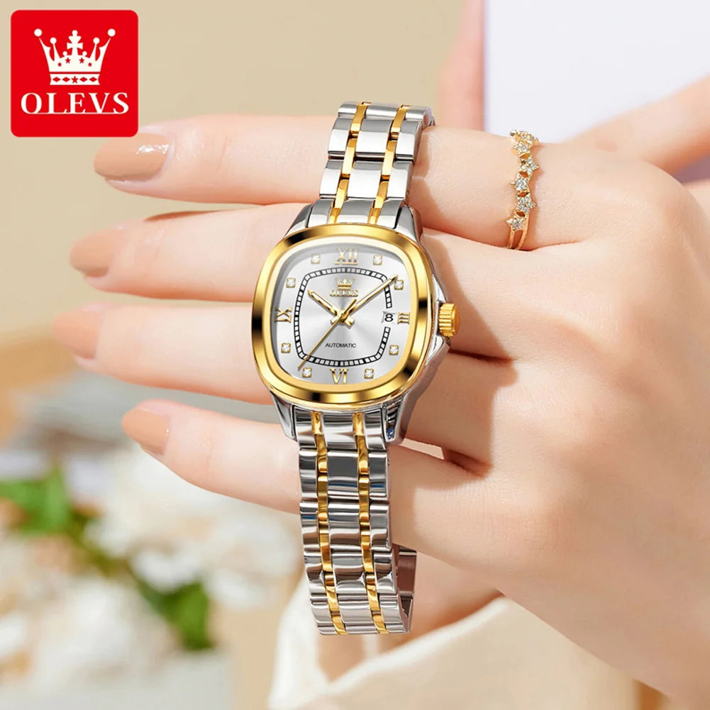 OLEVS 9810 reloj mecánico automático para mujer, reloj de pulsera de lujo con escala de diamante para mujer, relojes impermeables de acero inoxidable para mujer