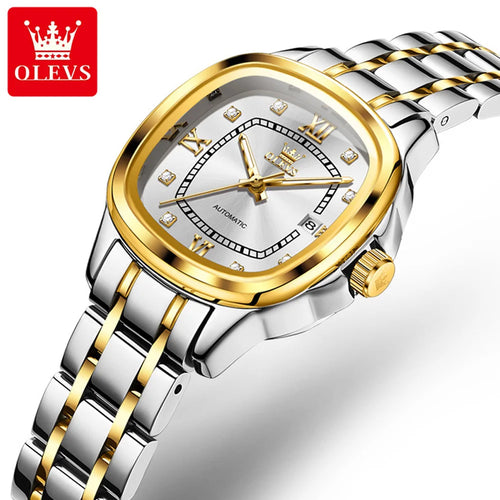 OLEVS 9810 reloj mecánico automático para mujer, reloj de pulsera de lujo con escala de diamante para mujer, relojes impermeables de acero inoxidable para mujer