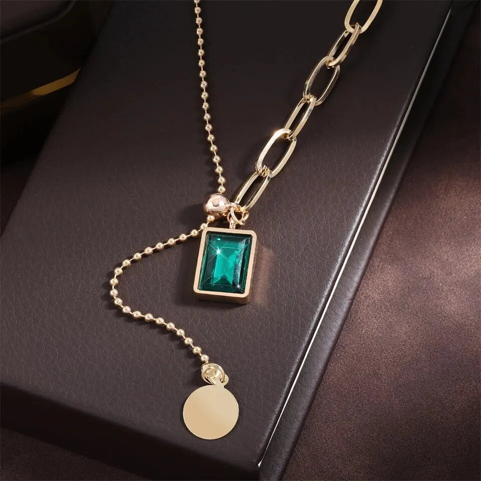 Collares con colgante de circonia verde de acero inoxidable cuadrados a la moda para mujeres y niñas, joyería de gota redonda de Metal de Color dorado para cumpleaños