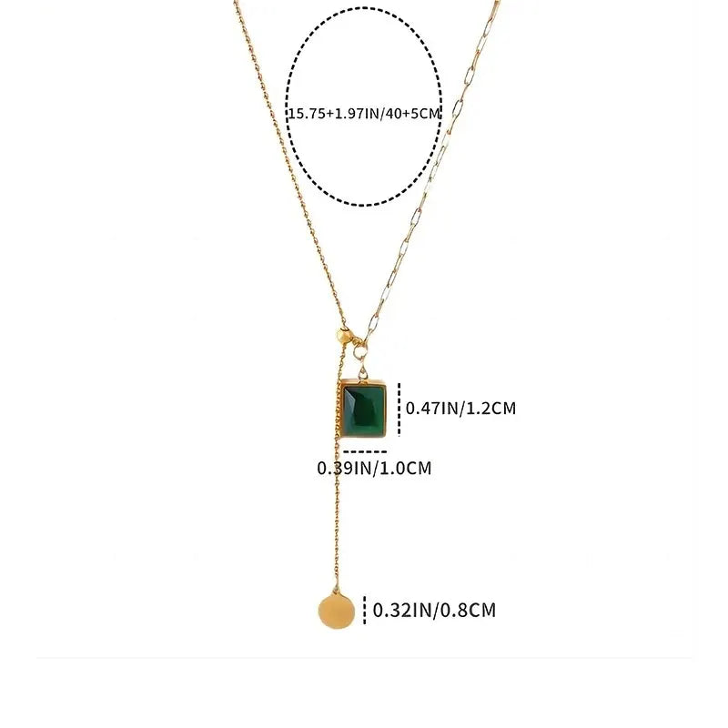 Collares con colgante de circonia verde de acero inoxidable cuadrados a la moda para mujeres y niñas, joyería de gota redonda de Metal de Color dorado para cumpleaños