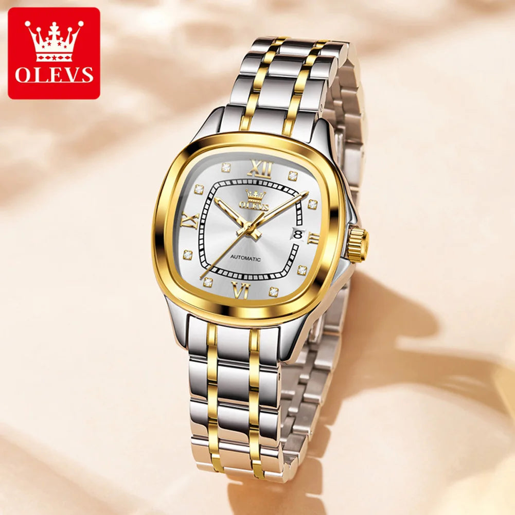 OLEVS 9810 reloj mecánico automático para mujer, reloj de pulsera de lujo con escala de diamante para mujer, relojes impermeables de acero inoxidable para mujer