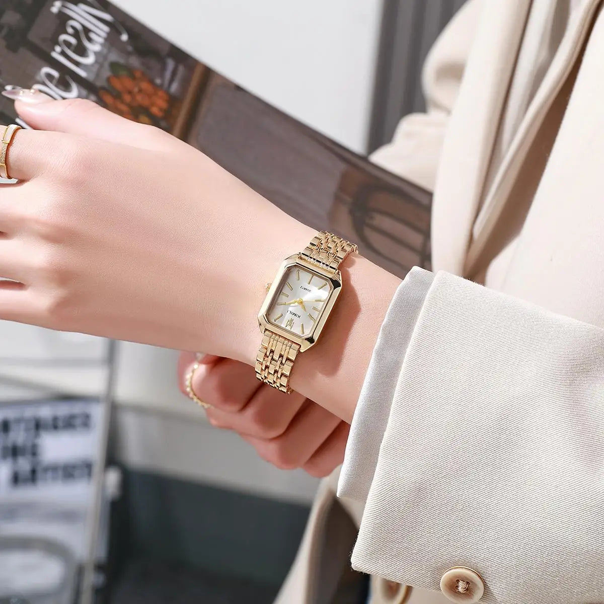Reloj clásico de moda con pulsera de cinco cuentas, reloj cuadrado de moda para mujer, esencial de diosa