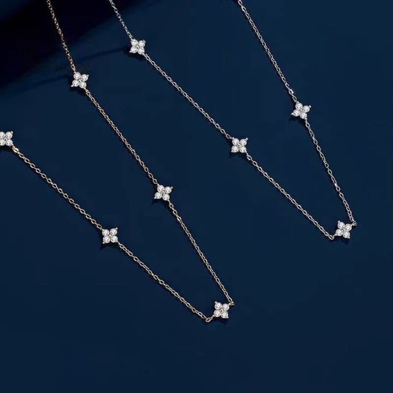 Precioso collar de cadena de circón con incrustaciones de flores de cuatro hojas para mujer, gargantilla elegante de la suerte, joyería de fiesta, regalos de cumpleaños