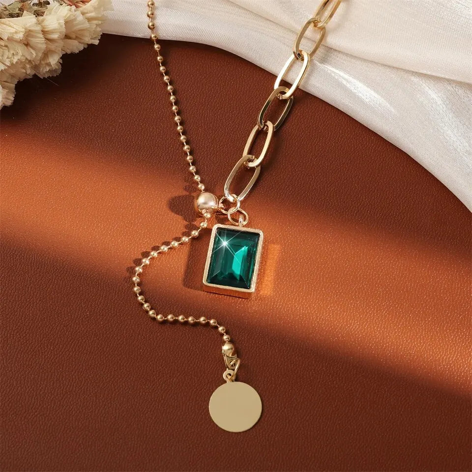 Collares con colgante de circonia verde de acero inoxidable cuadrados a la moda para mujeres y niñas, joyería de gota redonda de Metal de Color dorado para cumpleaños