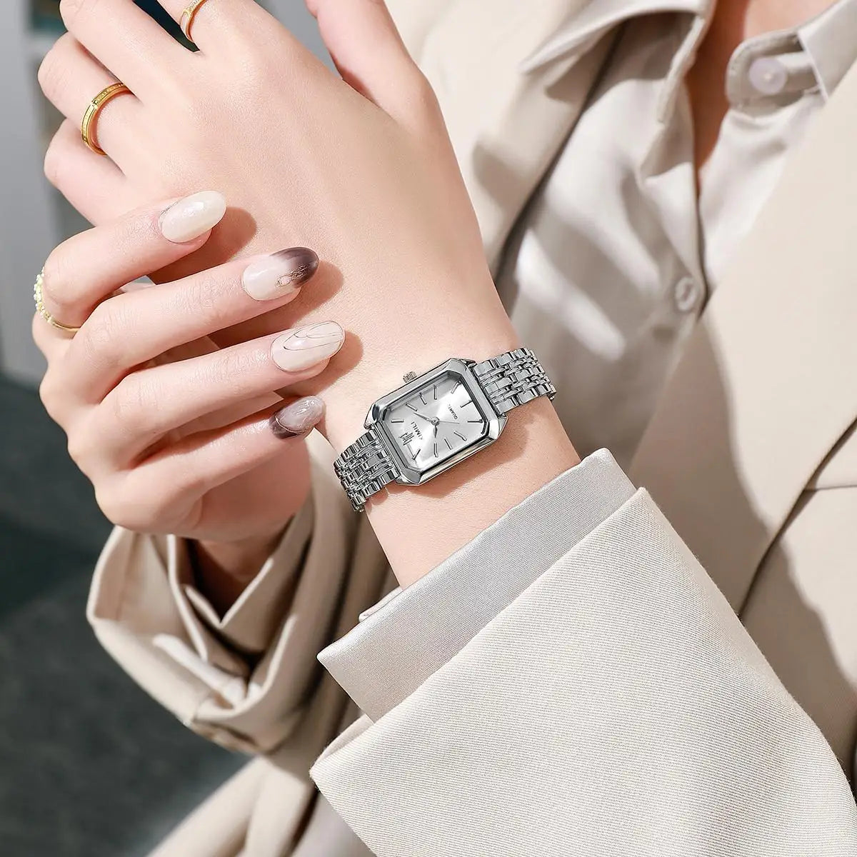 Reloj clásico de moda con pulsera de cinco cuentas, reloj cuadrado de moda para mujer, esencial de diosa