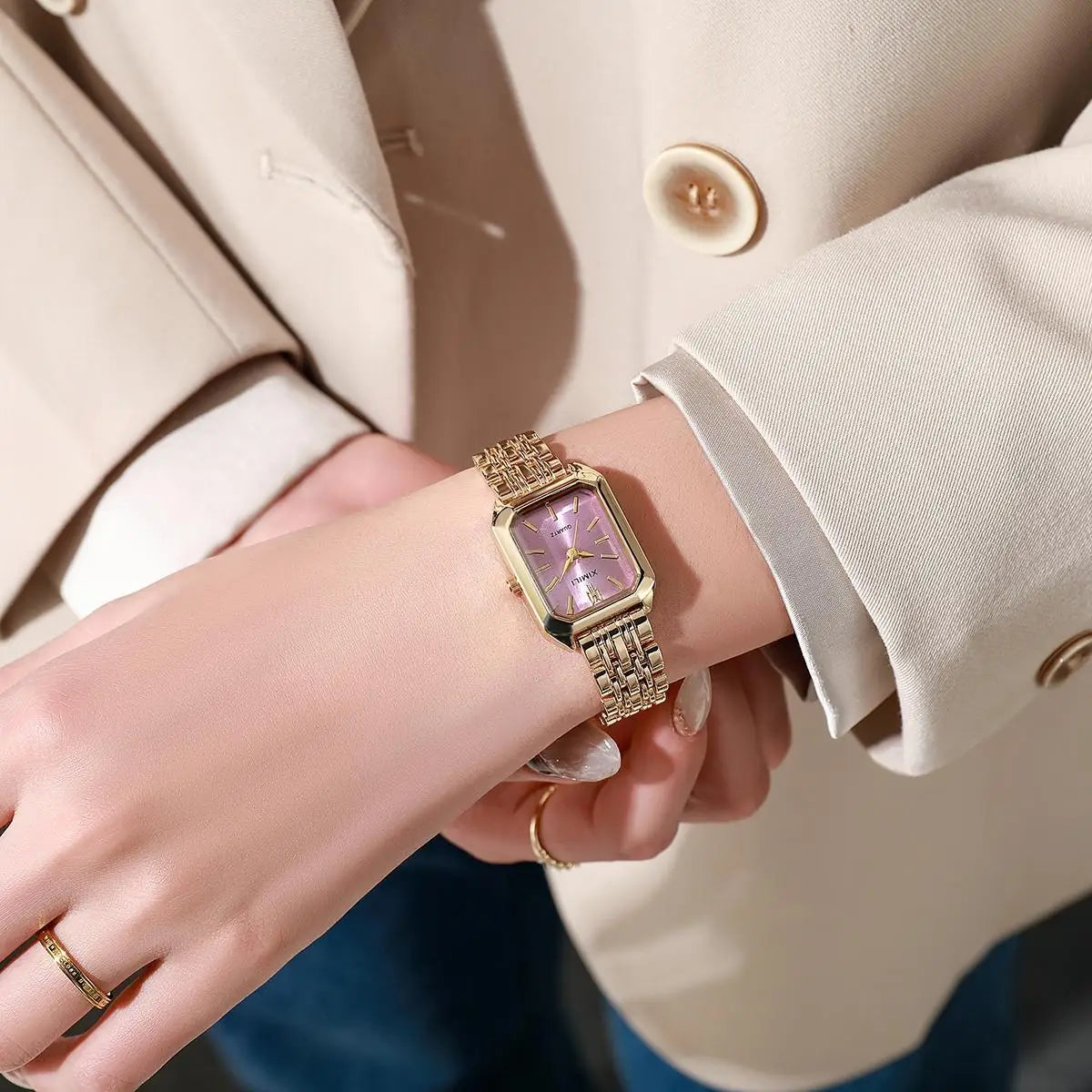 Reloj clásico de moda con pulsera de cinco cuentas, reloj cuadrado de moda para mujer, esencial de diosa