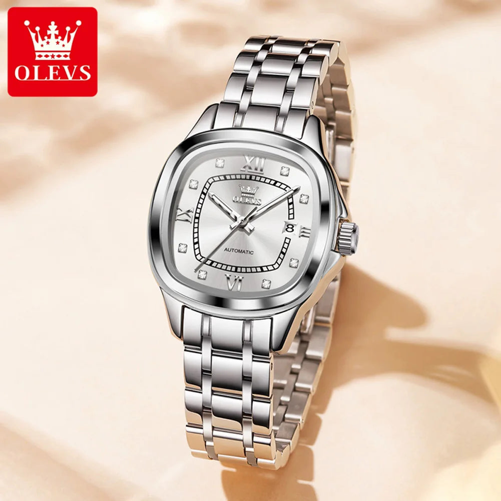 OLEVS 9810 reloj mecánico automático para mujer, reloj de pulsera de lujo con escala de diamante para mujer, relojes impermeables de acero inoxidable para mujer