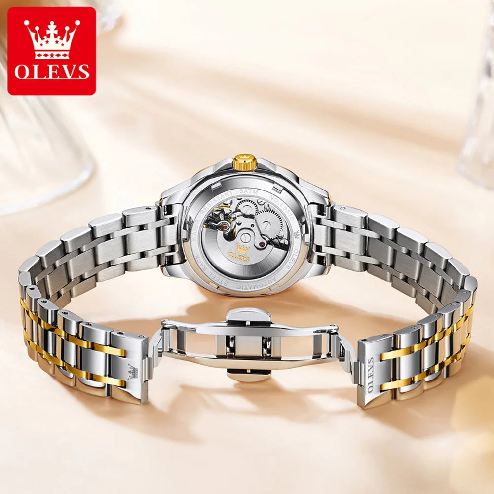 OLEVS 9810 reloj mecánico automático para mujer, reloj de pulsera de lujo con escala de diamante para mujer, relojes impermeables de acero inoxidable para mujer