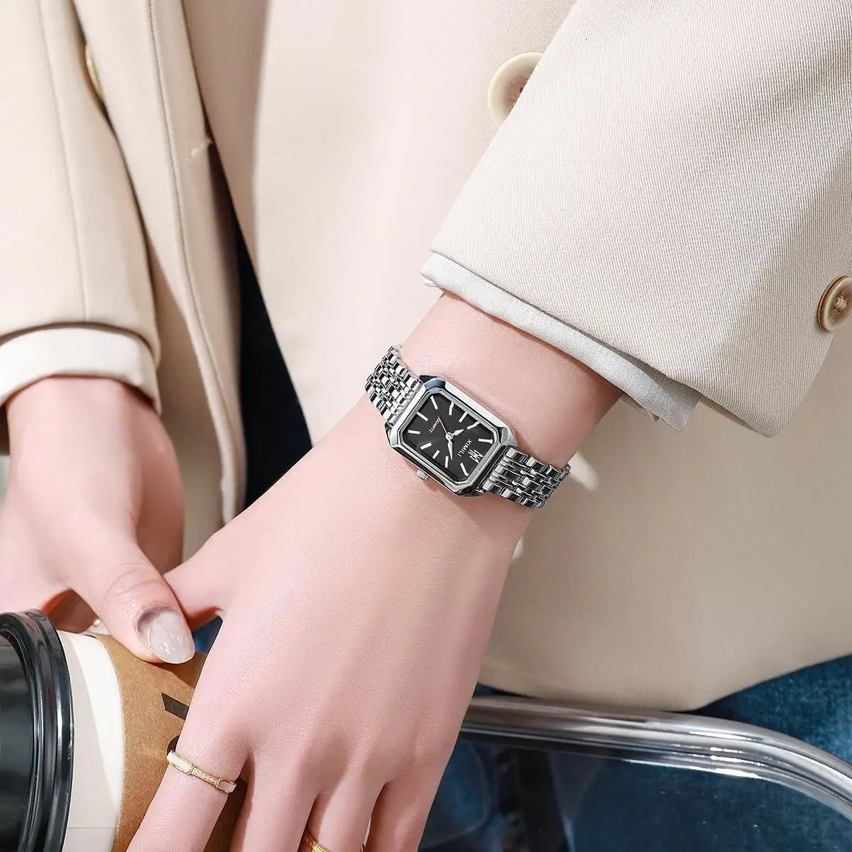 Reloj clásico de moda con pulsera de cinco cuentas, reloj cuadrado de moda para mujer, esencial de diosa