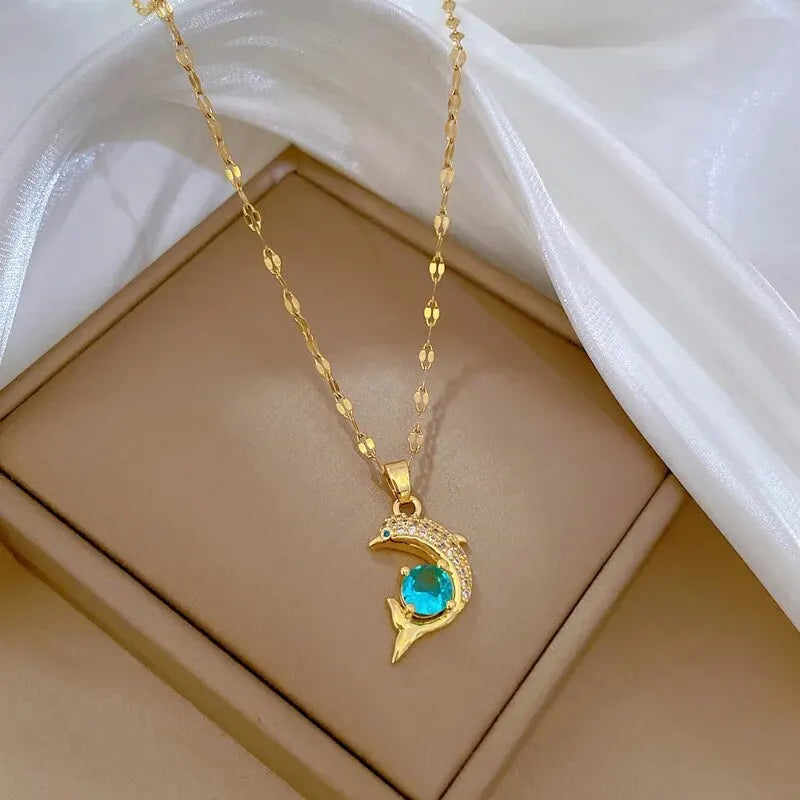 Collares con colgante de circonia verde de acero inoxidable cuadrados a la moda para mujeres y niñas, joyería de gota redonda de Metal de Color dorado para cumpleaños