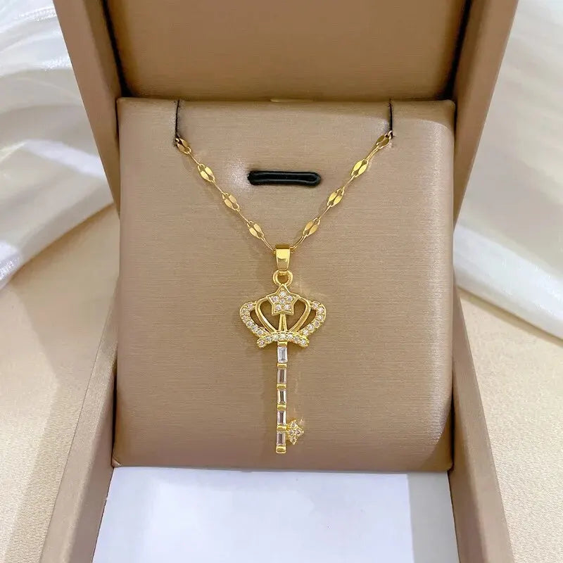 Collares con colgante de circonia verde de acero inoxidable cuadrados a la moda para mujeres y niñas, joyería de gota redonda de Metal de Color dorado para cumpleaños