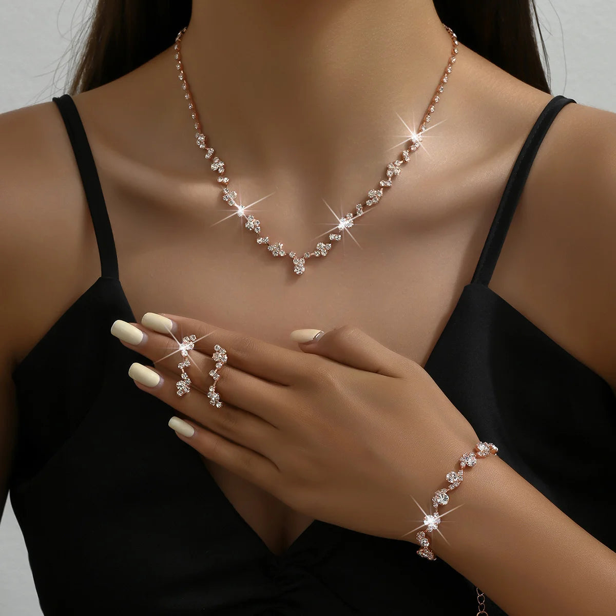 Colar Flor com Brincos e Conjunto de Pulseiras, Acessórios Femininos para Casamento, 4 Peças