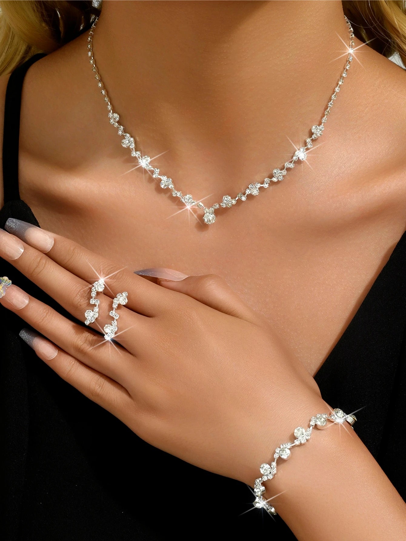 Colar Flor com Brincos e Conjunto de Pulseiras, Acessórios Femininos para Casamento, 4 Peças