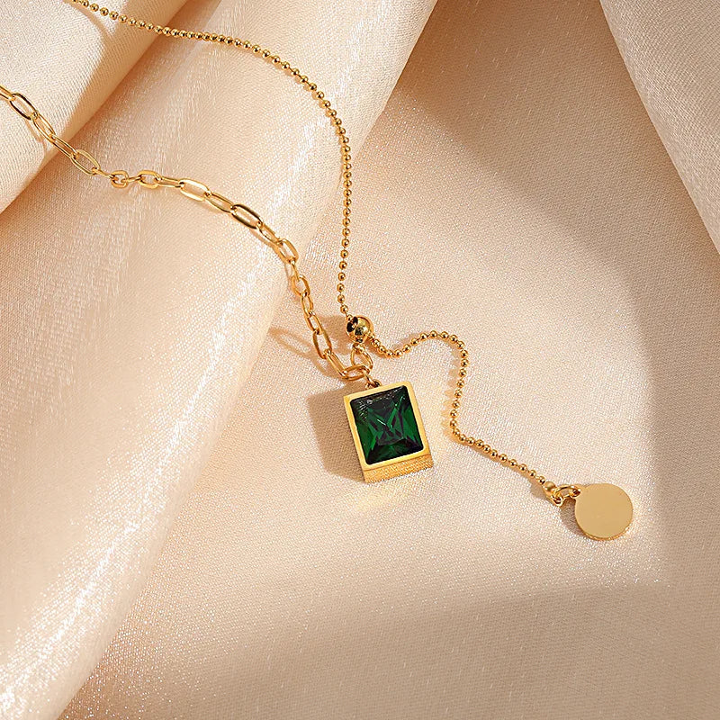 Collares con colgante de circonia verde de acero inoxidable cuadrados a la moda para mujeres y niñas, joyería de gota redonda de Metal de Color dorado para cumpleaños