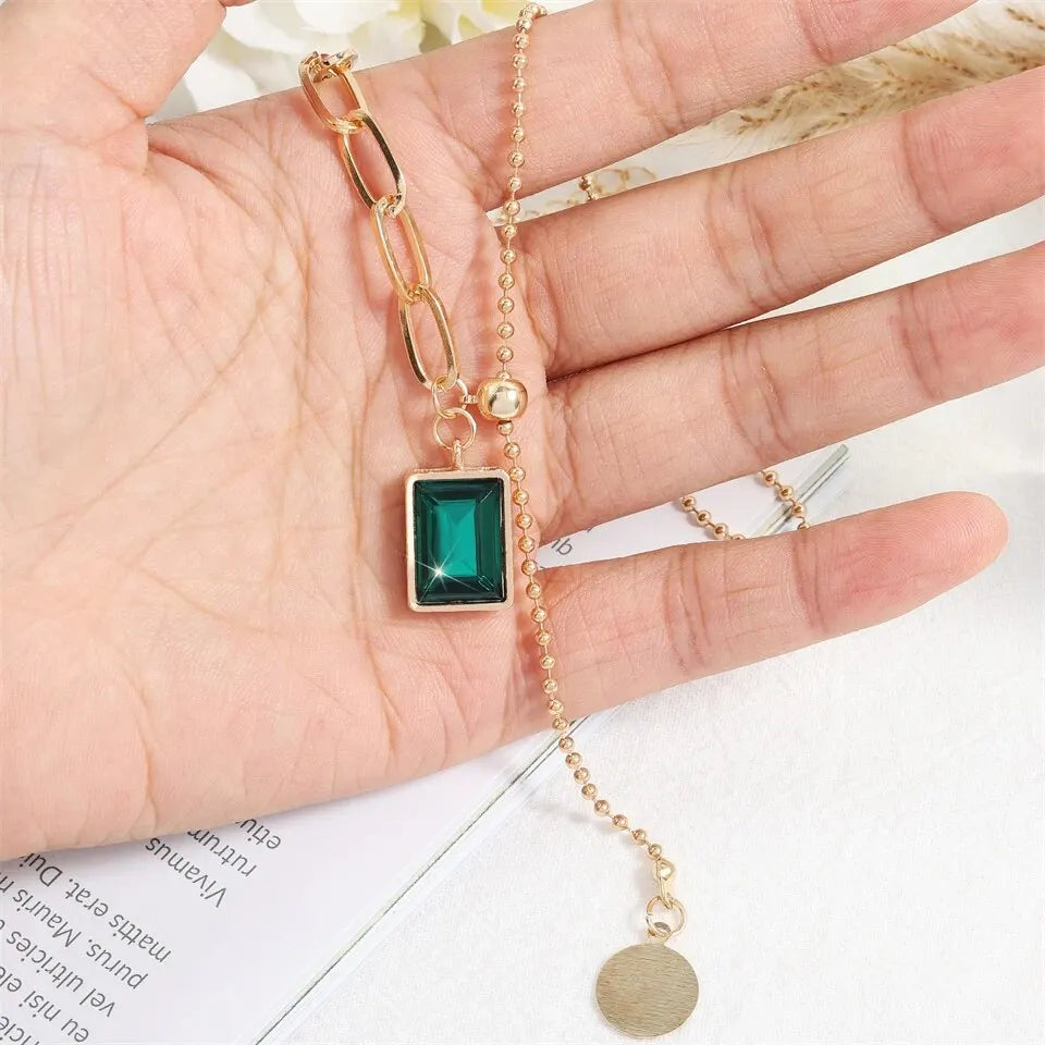 Collares con colgante de circonia verde de acero inoxidable cuadrados a la moda para mujeres y niñas, joyería de gota redonda de Metal de Color dorado para cumpleaños