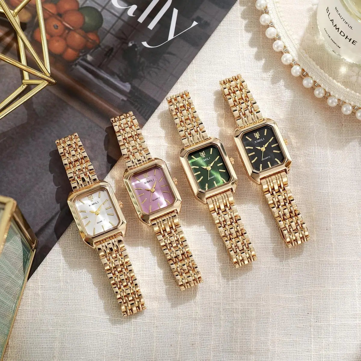 Reloj clásico de moda con pulsera de cinco cuentas, reloj cuadrado de moda para mujer, esencial de diosa