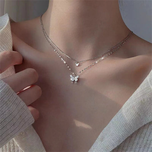 Nuevo collar de mariposa brillante para mujer, exquisito collar de cadena de clavícula de doble capa, joyería para regalo de mujer
