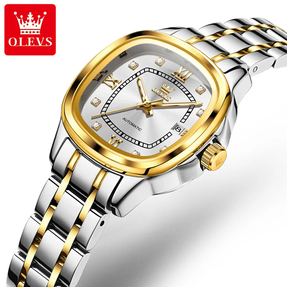 OLEVS 9810 reloj mecánico automático para mujer, reloj de pulsera de lujo con escala de diamante para mujer, relojes impermeables de acero inoxidable para mujer