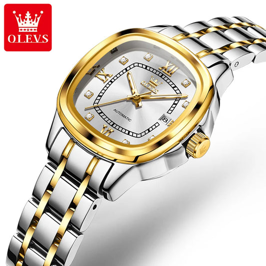OLEVS 9810 reloj mecánico automático para mujer, reloj de pulsera de lujo con escala de diamante para mujer, relojes impermeables de acero inoxidable para mujer