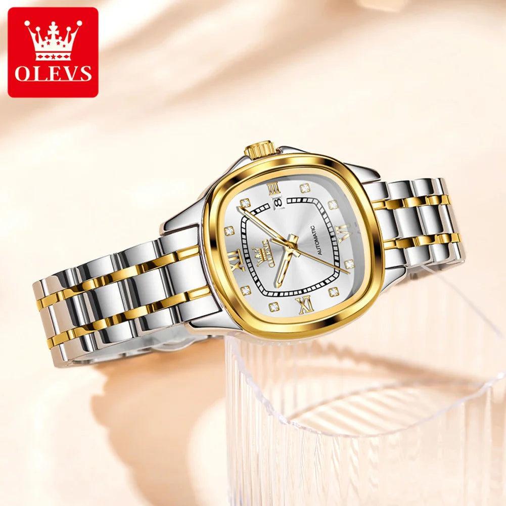 OLEVS 9810 reloj mecánico automático para mujer, reloj de pulsera de lujo con escala de diamante para mujer, relojes impermeables de acero inoxidable para mujer
