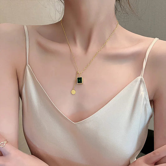 Collares con colgante de circonia verde de acero inoxidable cuadrados a la moda para mujeres y niñas, joyería de gota redonda de Metal de Color dorado para cumpleaños