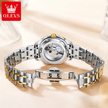OLEVS 9810 reloj mecánico automático para mujer, reloj de pulsera de lujo con escala de diamante para mujer, relojes impermeables de acero inoxidable para mujer